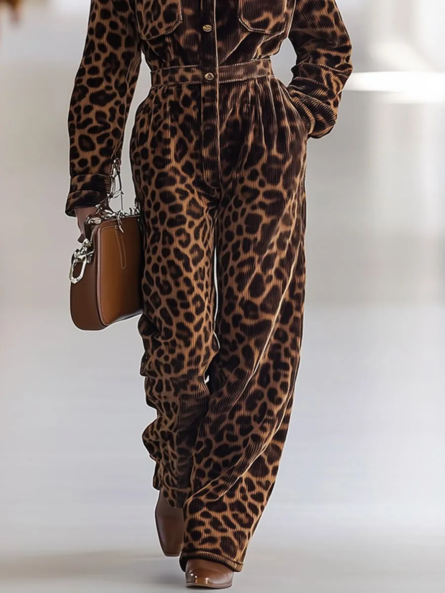 【24-hour shipping】Casual Loose Retro Corduroy Leopard Print Multi-Pocket Long Sleeve Jumpsuit