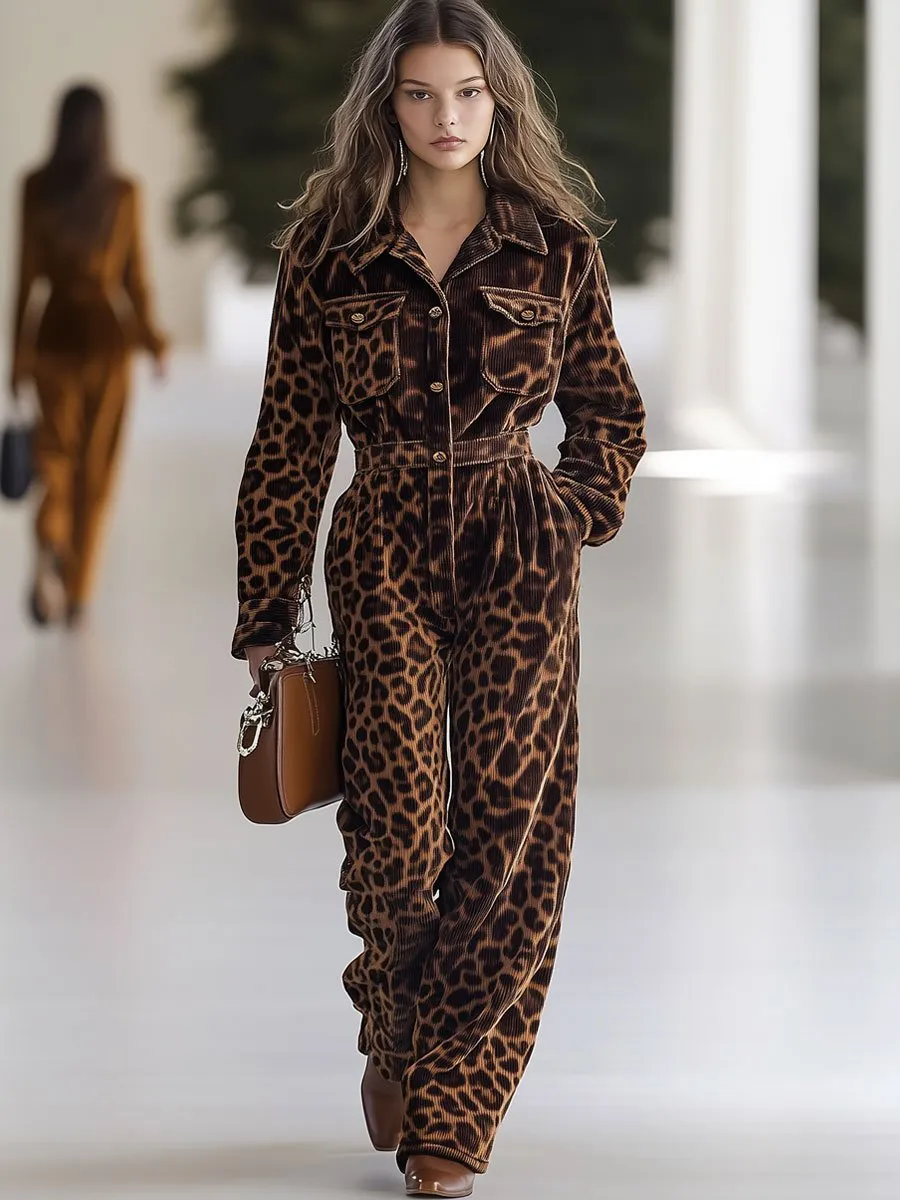 【24-hour shipping】Casual Loose Retro Corduroy Leopard Print Multi-Pocket Long Sleeve Jumpsuit