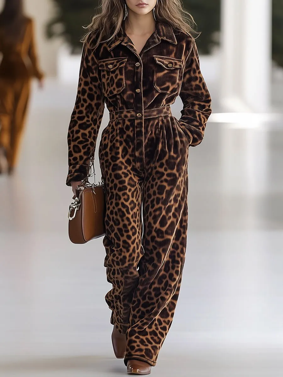 【24-hour shipping】Casual Loose Retro Corduroy Leopard Print Multi-Pocket Long Sleeve Jumpsuit