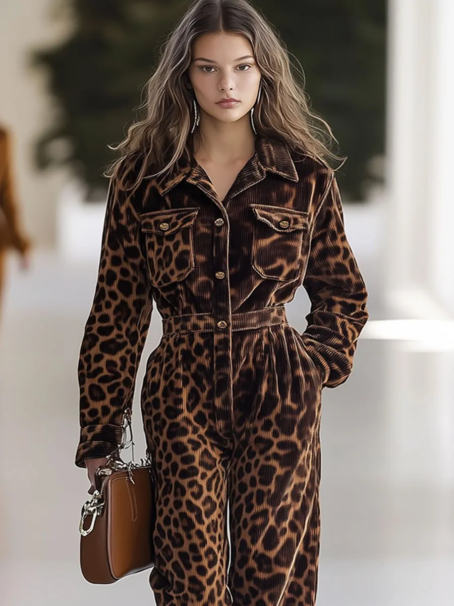 【24-hour shipping】Casual Loose Retro Corduroy Leopard Print Multi-Pocket Long Sleeve Jumpsuit