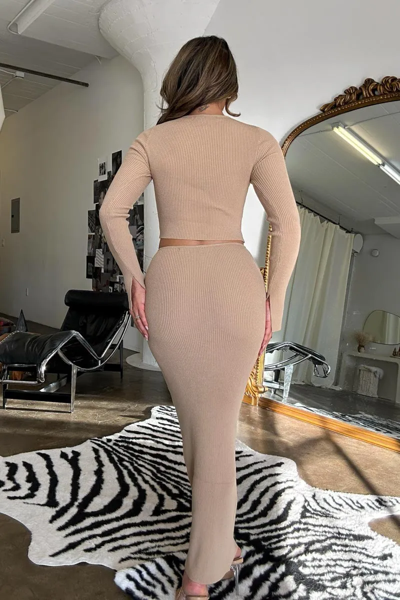 Alana Rib Knit Two Piece Cardigan & Maxi Skirt Set