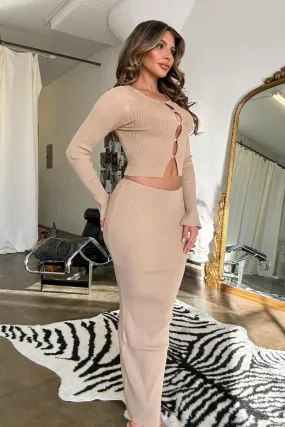 Alana Rib Knit Two Piece Cardigan & Maxi Skirt Set