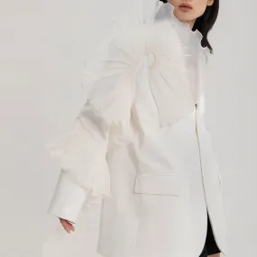 Asymmetric Ruffle Trim Lapel Collar Single Breasted Oversized Blazer - White