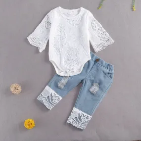Baby Girl Lace Bodysuit with Jeans 2Pc Outfit