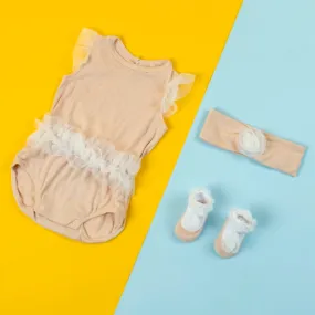 Baby Moo Little Frilly Princess Gift Set 3 Piece With Bodysuit, Socks And Headband - Peach