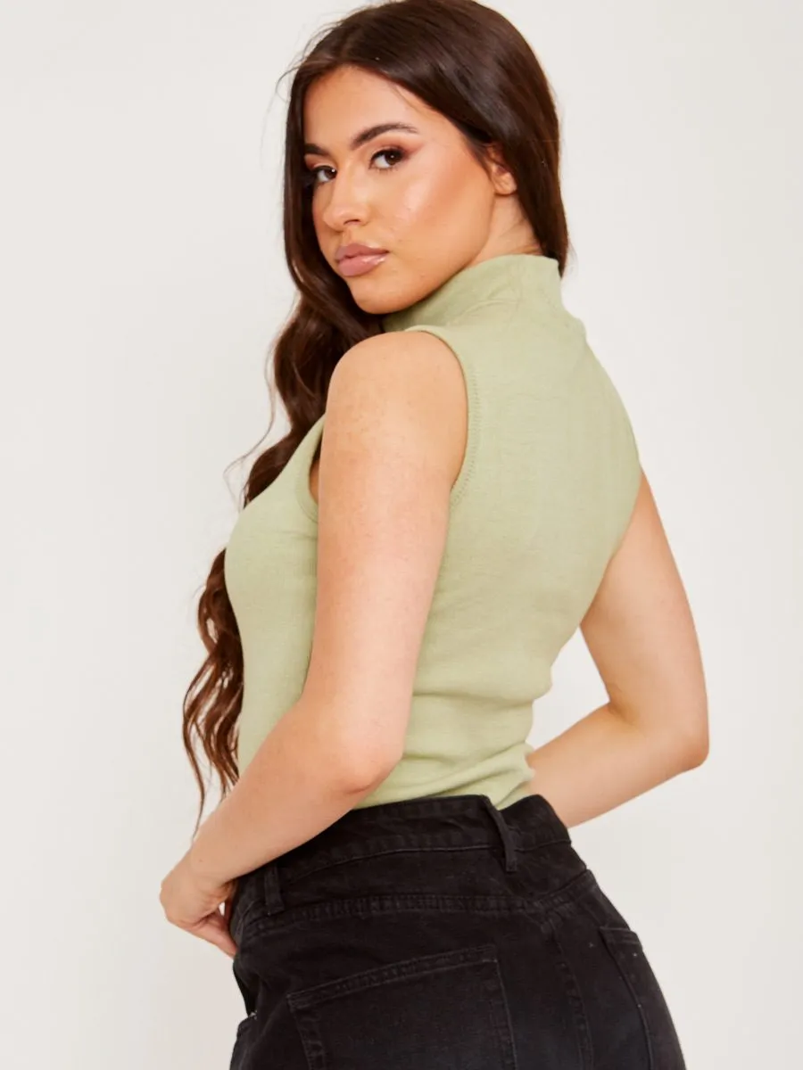 Becka Thick Ribbed Zip Detail Bodysuit In Green