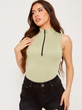 Becka Thick Ribbed Zip Detail Bodysuit In Green