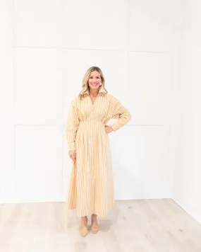 Beige and White Stripe Pleated Midi Dress