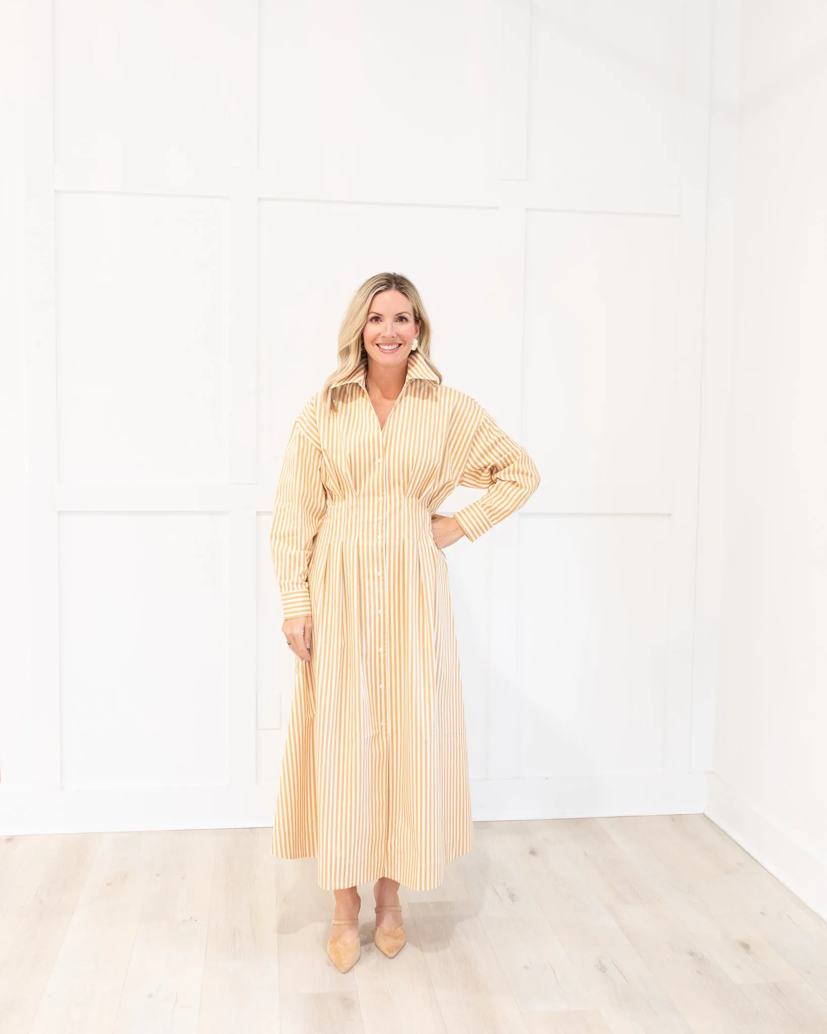 Beige and White Stripe Pleated Midi Dress