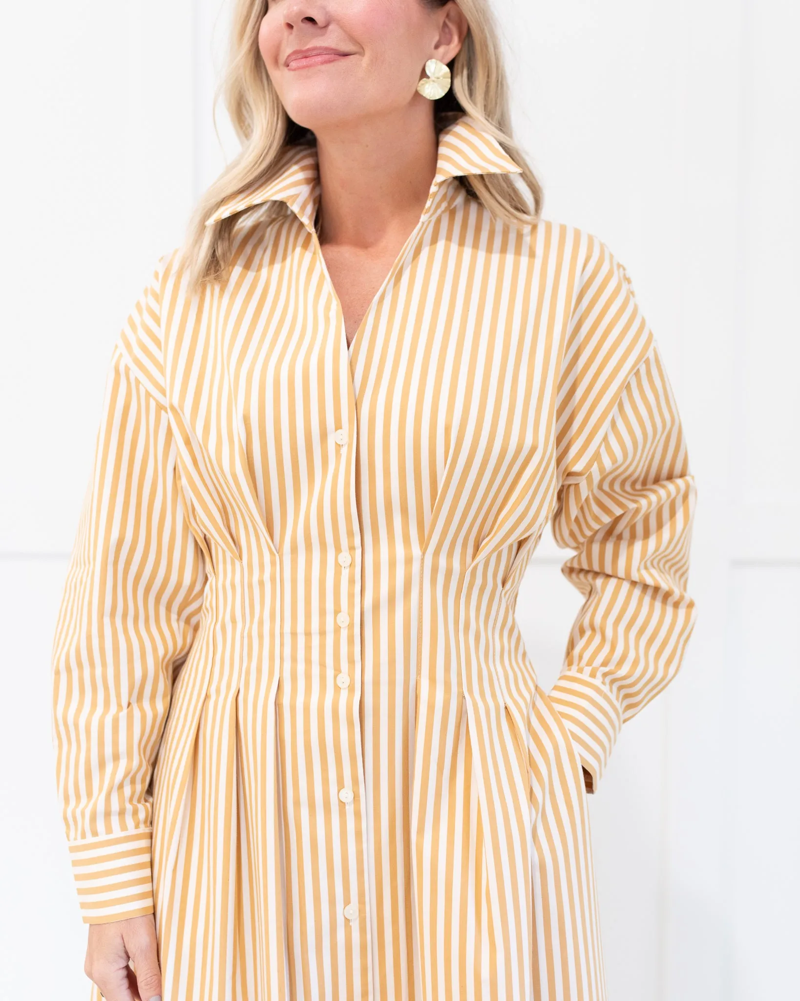 Beige and White Stripe Pleated Midi Dress