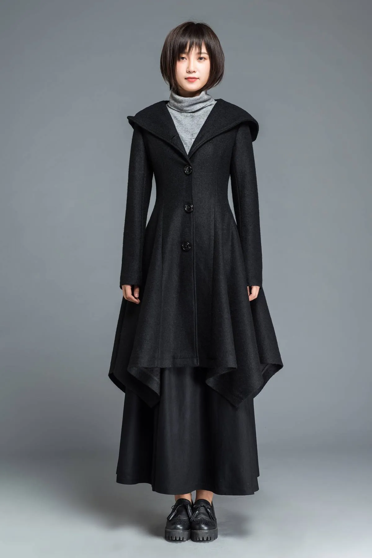 Black coat, wool coat, winter coat, Hooded coat, warm coat, black wool coat, warm wool coat, womens coat, irregular coat, pocket coat C1210