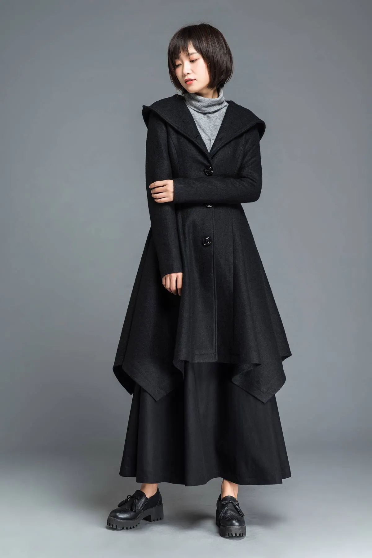 Black coat, wool coat, winter coat, Hooded coat, warm coat, black wool coat, warm wool coat, womens coat, irregular coat, pocket coat C1210
