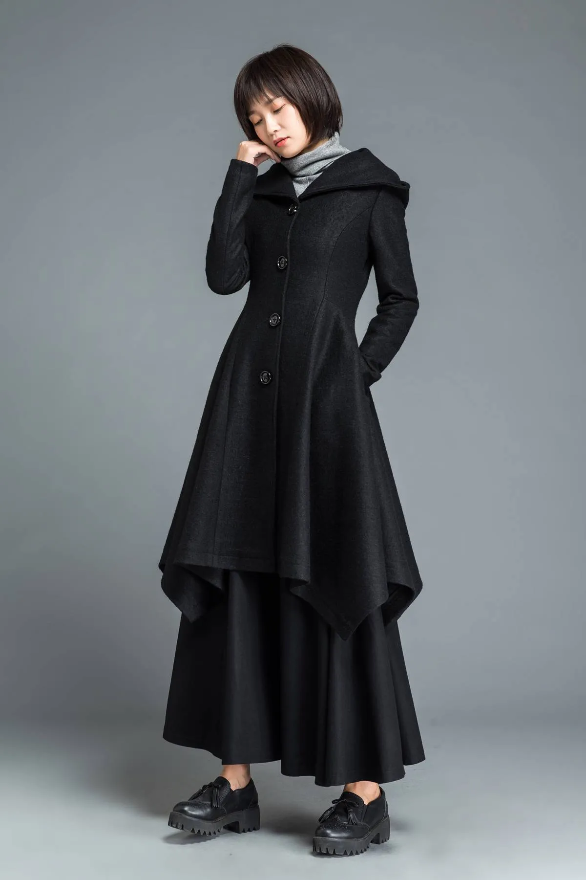 Black coat, wool coat, winter coat, Hooded coat, warm coat, black wool coat, warm wool coat, womens coat, irregular coat, pocket coat C1210