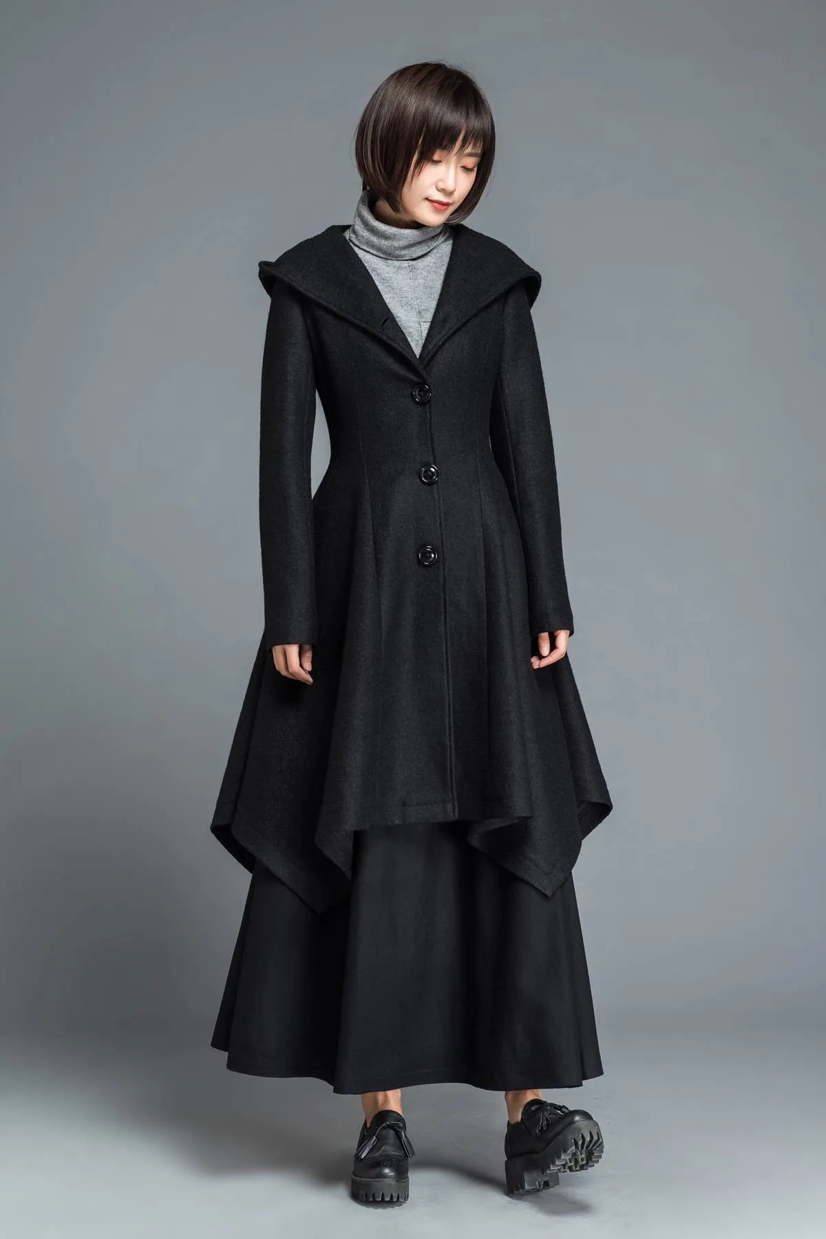 Black coat, wool coat, winter coat, Hooded coat, warm coat, black wool coat, warm wool coat, womens coat, irregular coat, pocket coat C1210