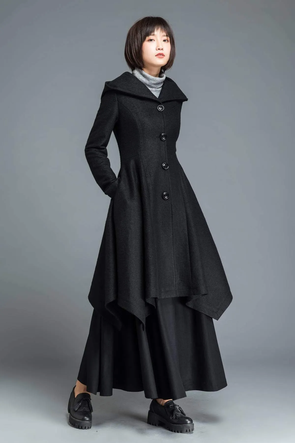 Black coat, wool coat, winter coat, Hooded coat, warm coat, black wool coat, warm wool coat, womens coat, irregular coat, pocket coat C1210