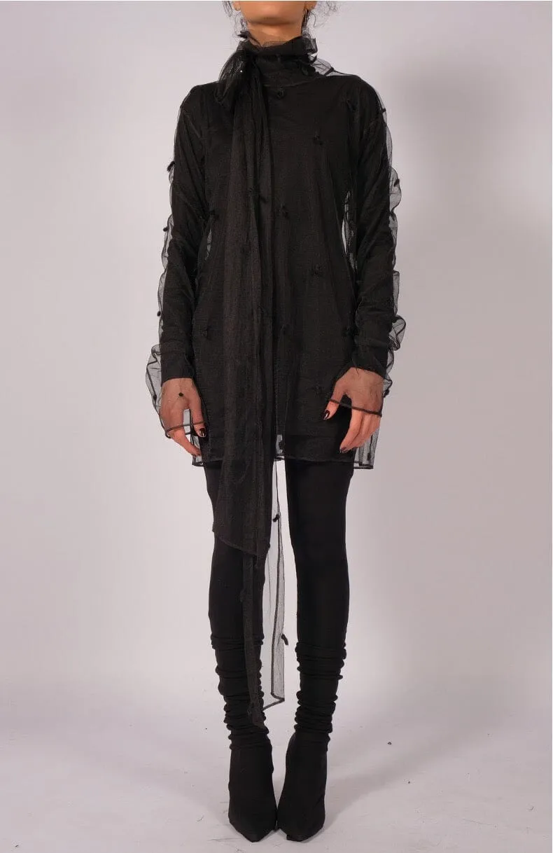 Black Mesh Polka-Dot Turtleneck with scarf