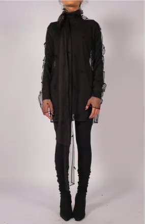 Black Mesh Polka-Dot Turtleneck with scarf