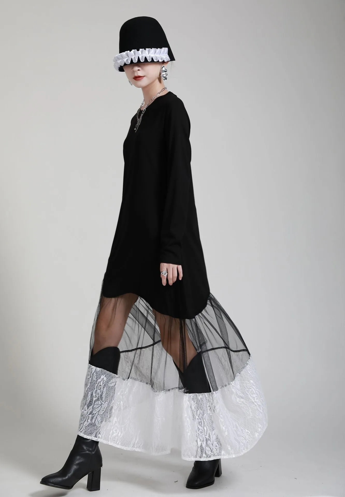 Black Women Irregular Lace Net Fall Long Dresses