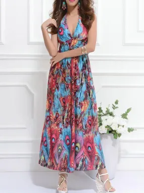 Bohemian Peacock Print Sleeveless Maxi Dress