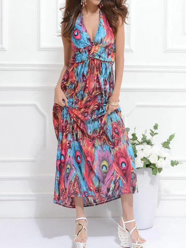 Bohemian Peacock Print Sleeveless Maxi Dress