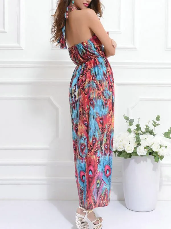 Bohemian Peacock Print Sleeveless Maxi Dress