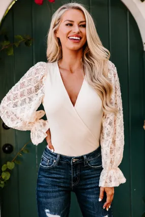 Business Expense Ribbed Lace Sleeve Bodysuit (Beige)