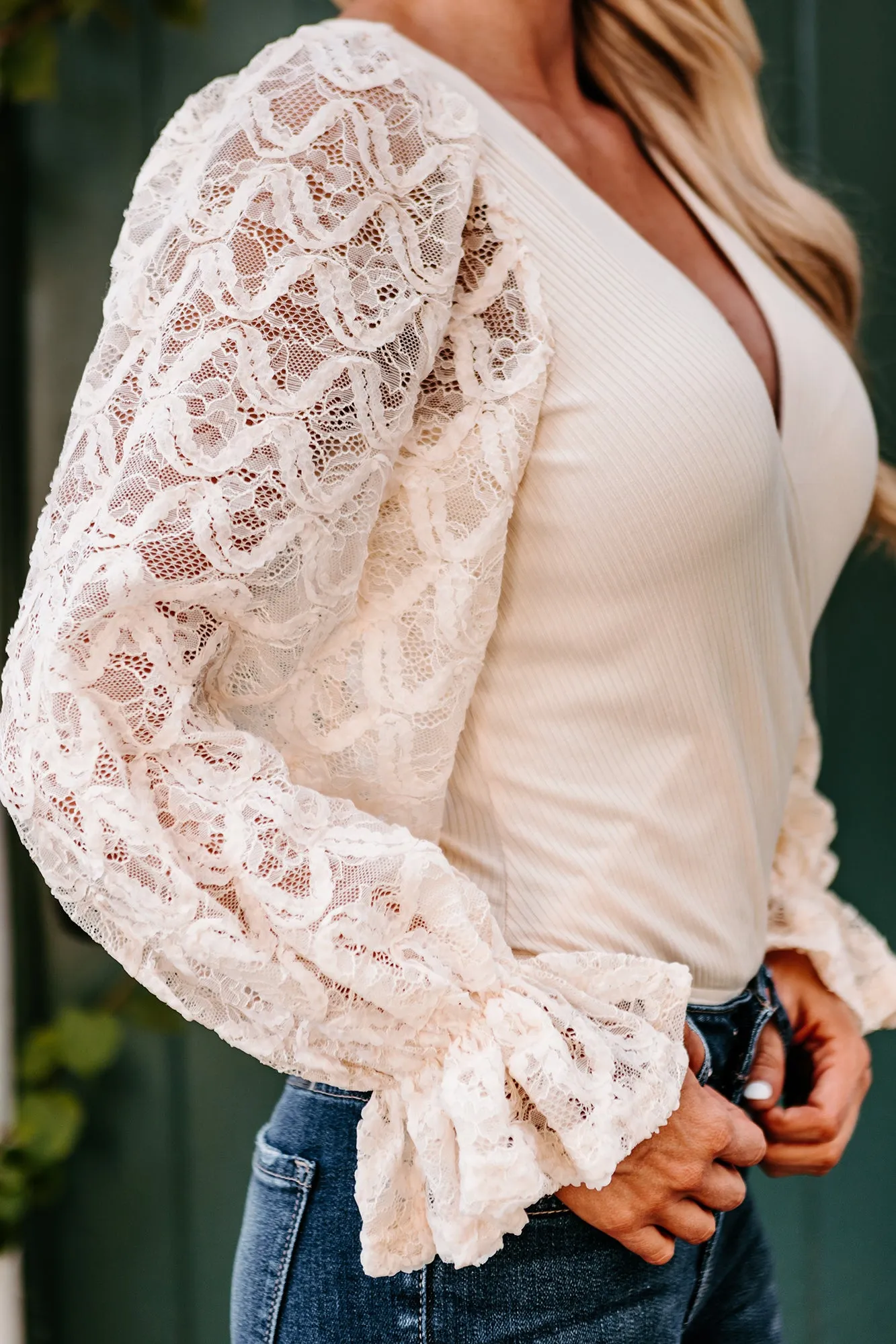 Business Expense Ribbed Lace Sleeve Bodysuit (Beige)