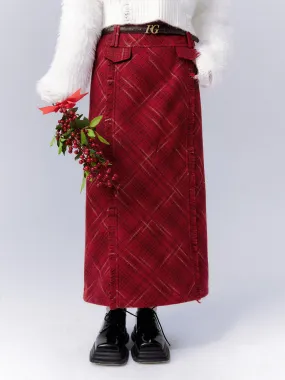 Checke Retro Wool Fringe Long Short Girly Skirt