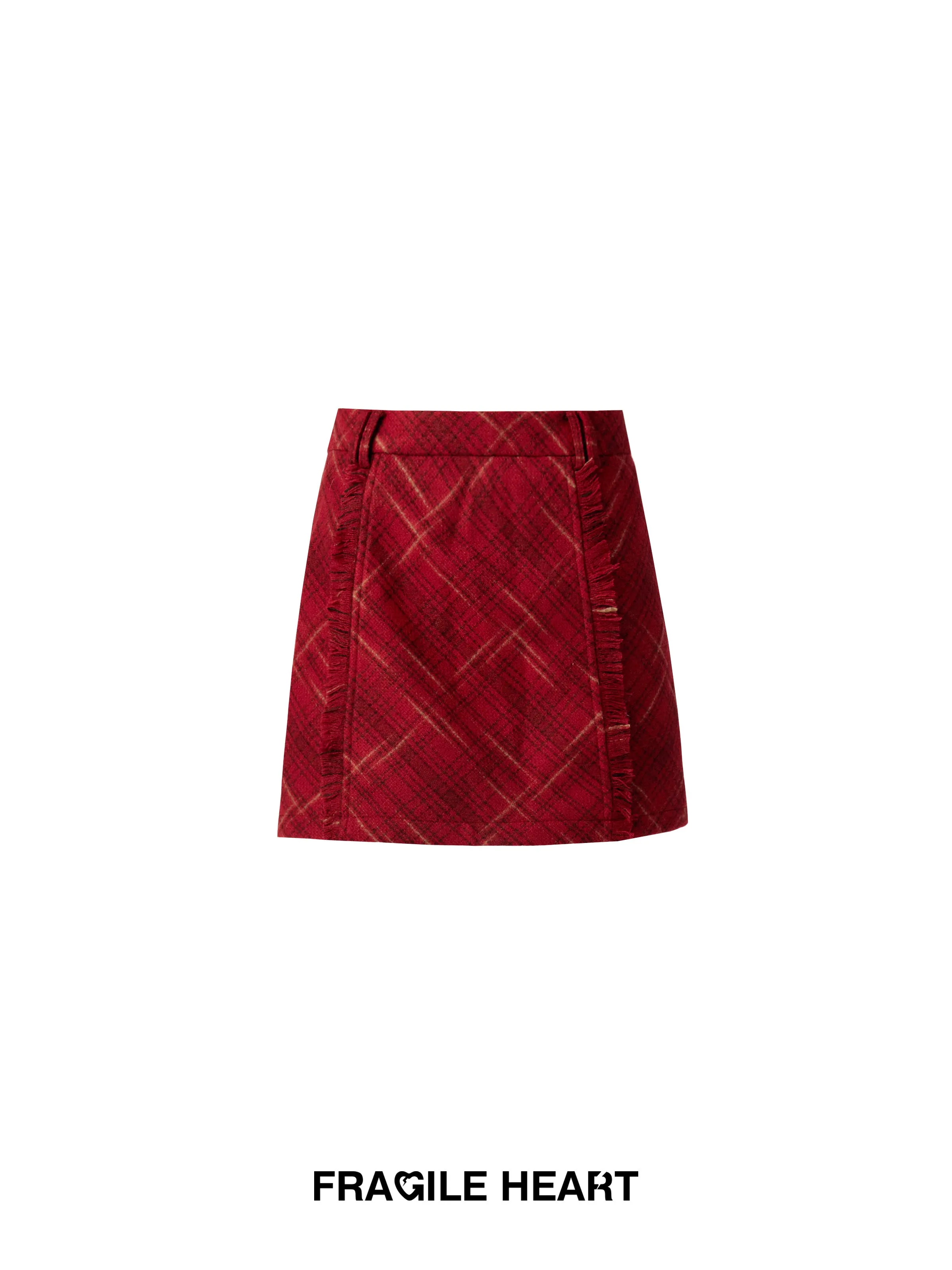 Checke Retro Wool Fringe Long Short Girly Skirt