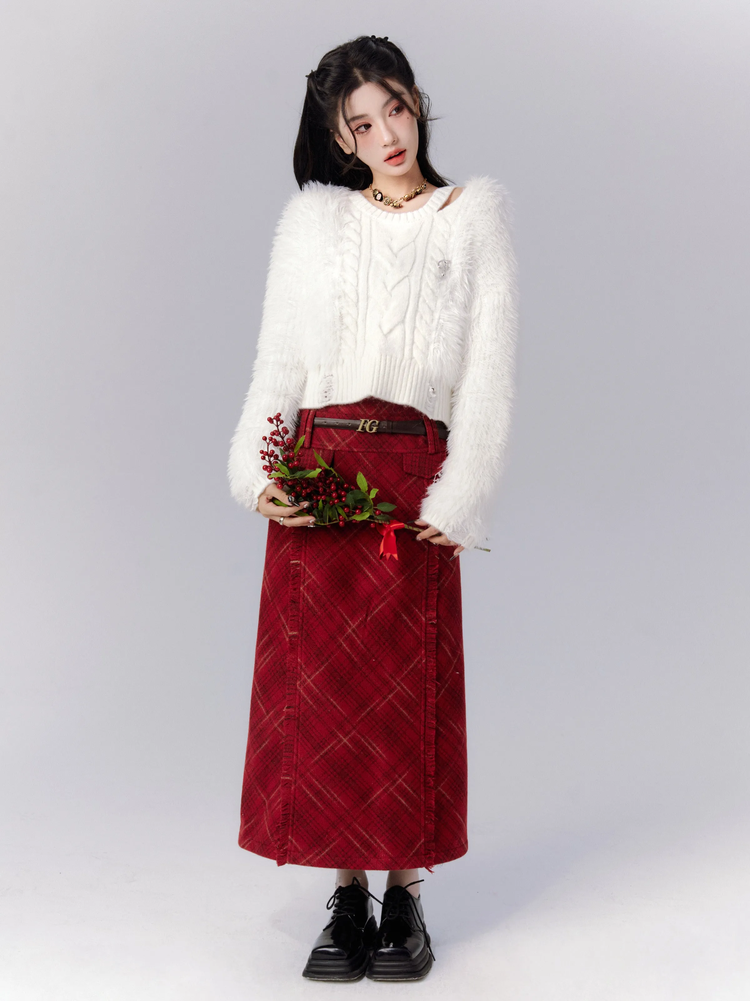 Checke Retro Wool Fringe Long Short Girly Skirt