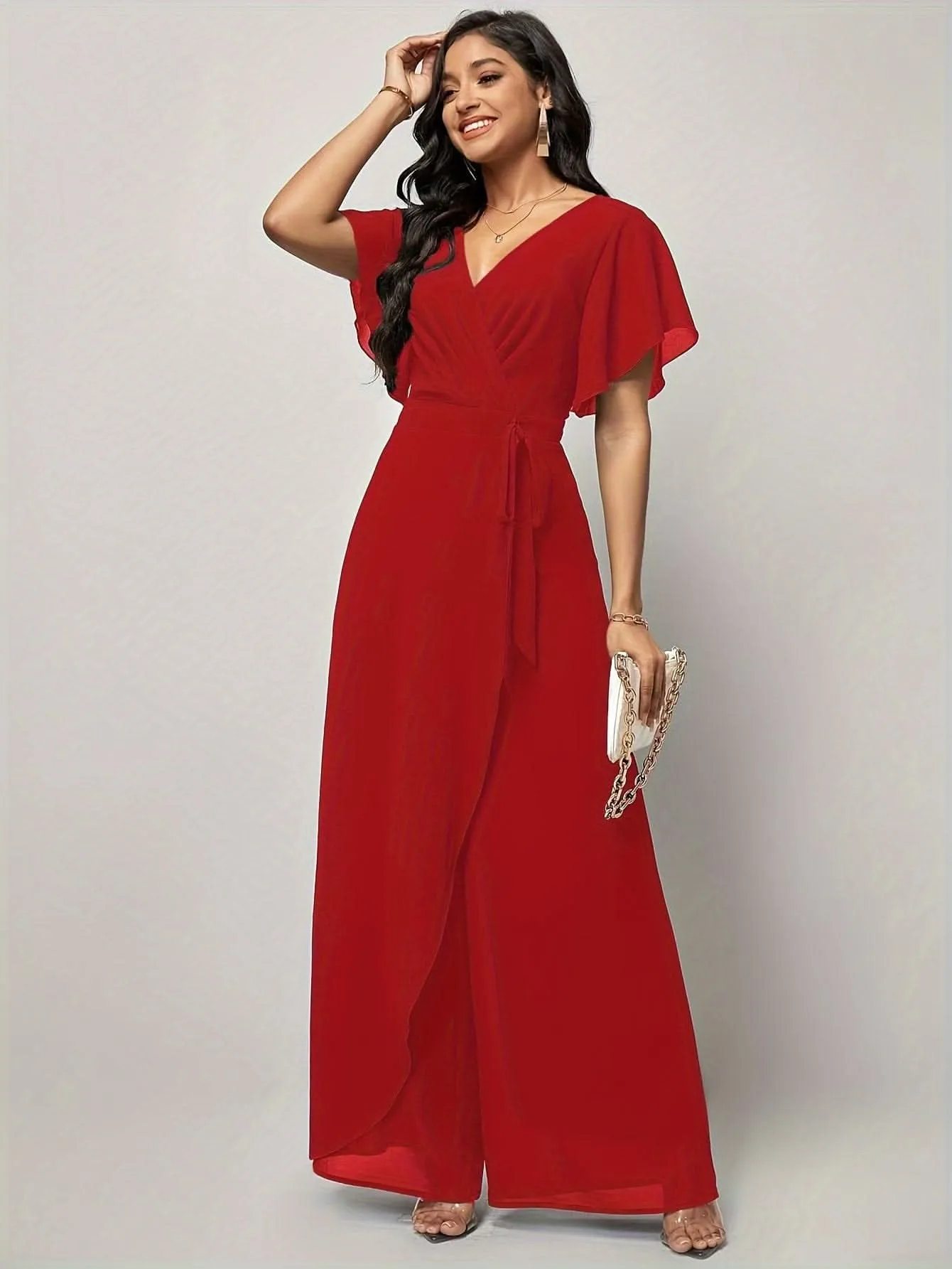 Chic WideLeg Surplice Jumpsuit Flattering Backless Adjustable Tie Waist