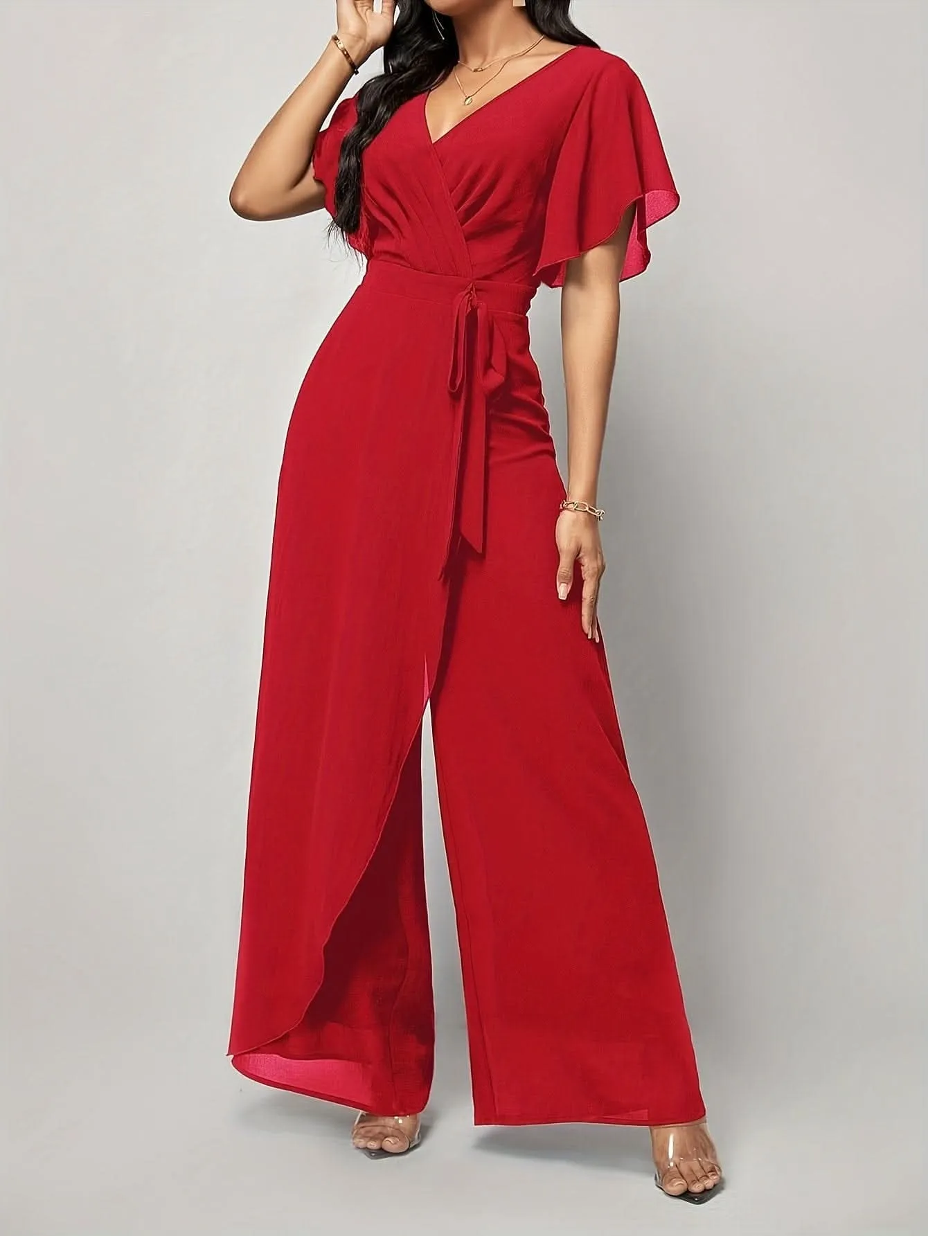 Chic WideLeg Surplice Jumpsuit Flattering Backless Adjustable Tie Waist