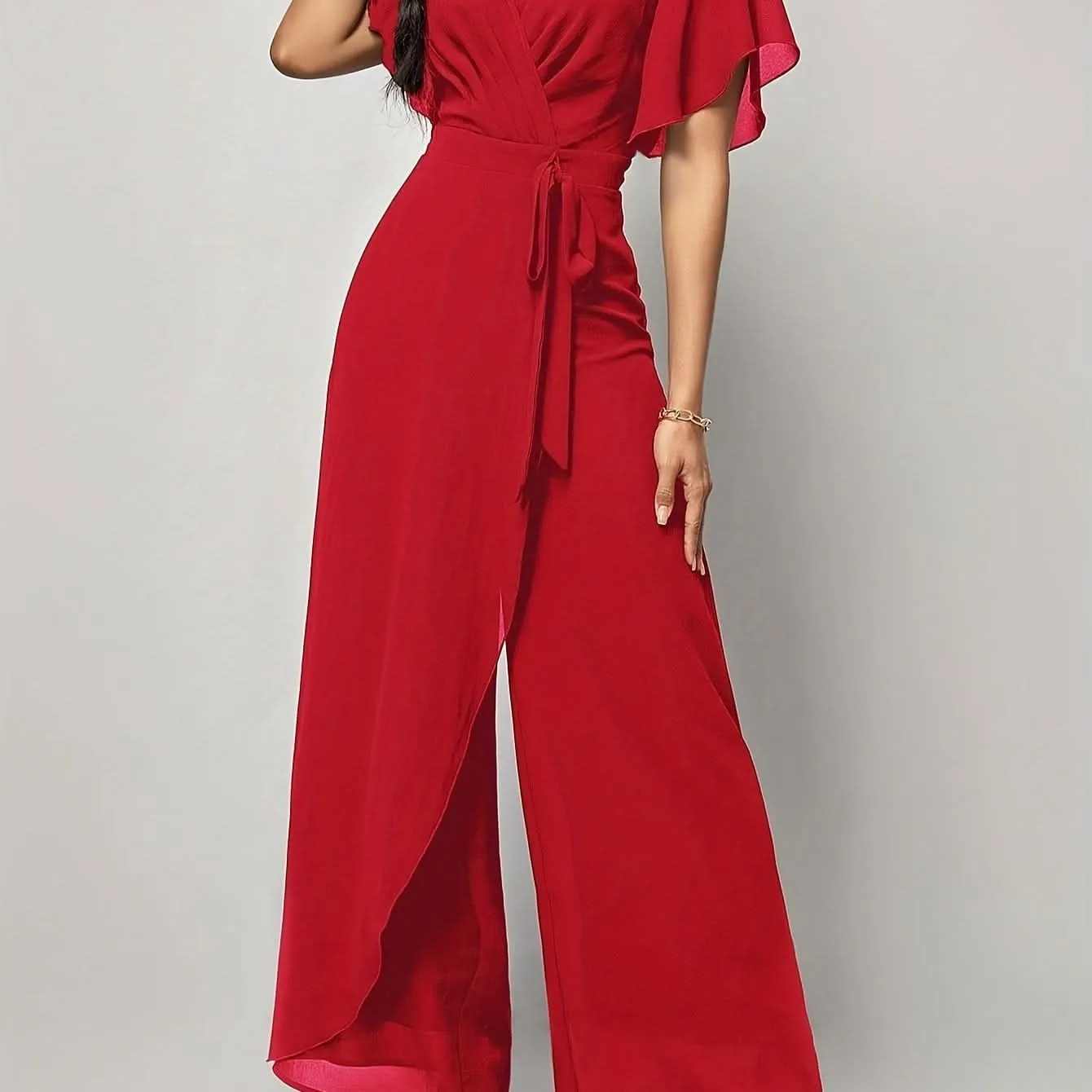 Chic WideLeg Surplice Jumpsuit Flattering Backless Adjustable Tie Waist