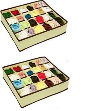 Closet Underwear Storage Organizer Box,for Socks Bra Ties Clothing Lingerie Underwear Drawer, 24 Divider Collapsible,Beige, Size: 12 ½'' x 12 ½''x 3 ½'',Set of 2