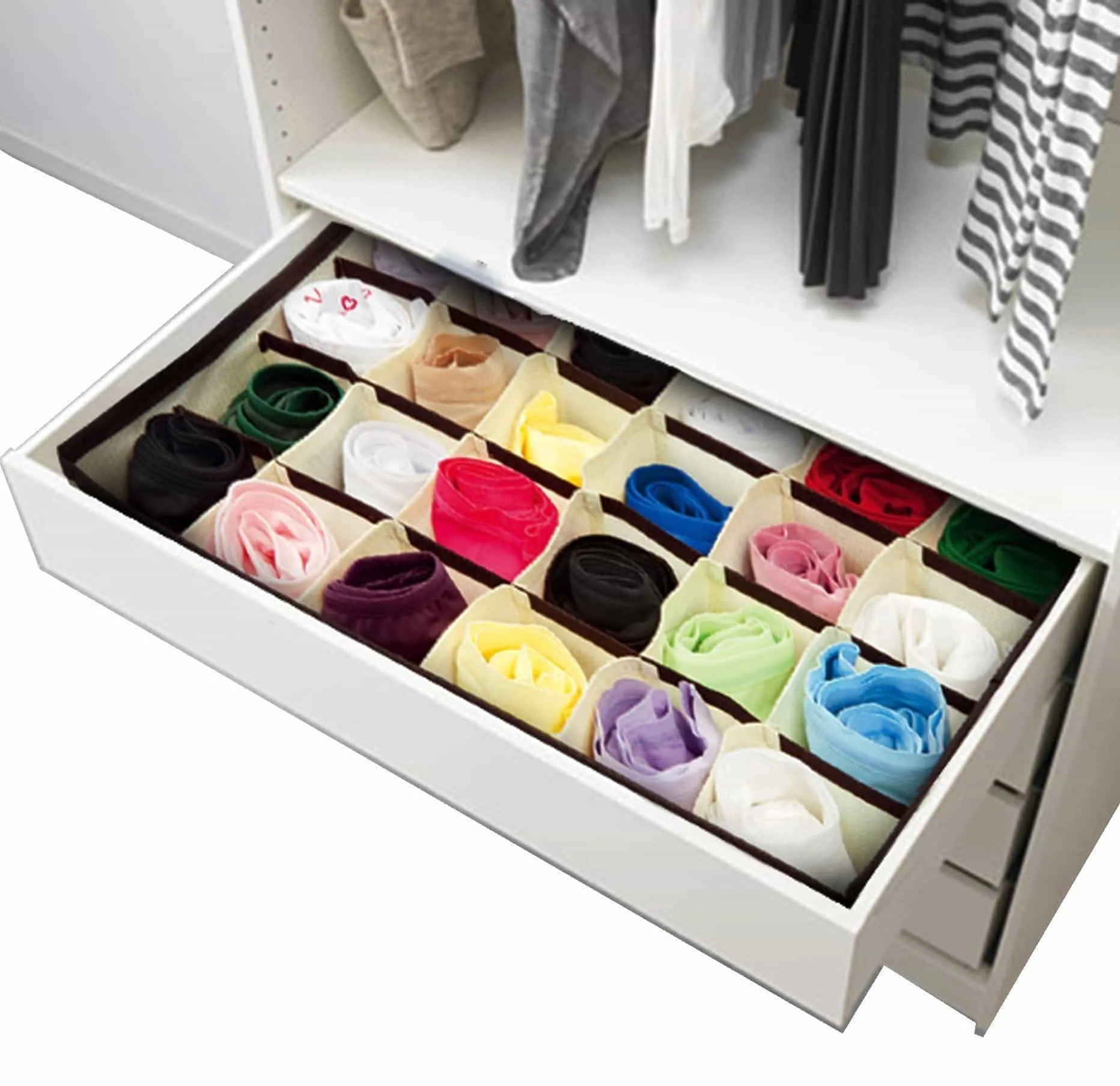 Closet Underwear Storage Organizer Box,for Socks Bra Ties Clothing Lingerie Underwear Drawer, 24 Divider Collapsible,Beige, Size: 12 ½'' x 12 ½''x 3 ½'',Set of 2