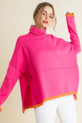 Color Lined Turtleneck Poncho Sweater