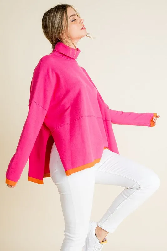 Color Lined Turtleneck Poncho Sweater