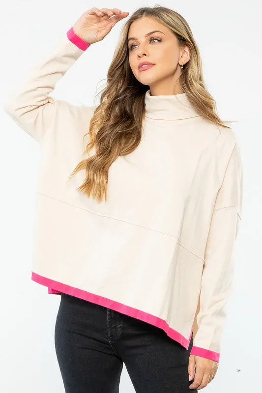 Color Lined Turtleneck Poncho Sweater