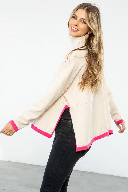 Color Lined Turtleneck Poncho Sweater