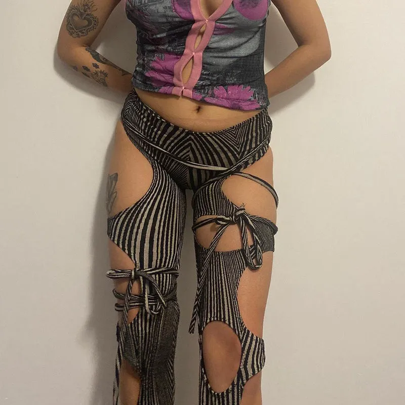 Cut Out Tie Loose Cropped Casual Pants