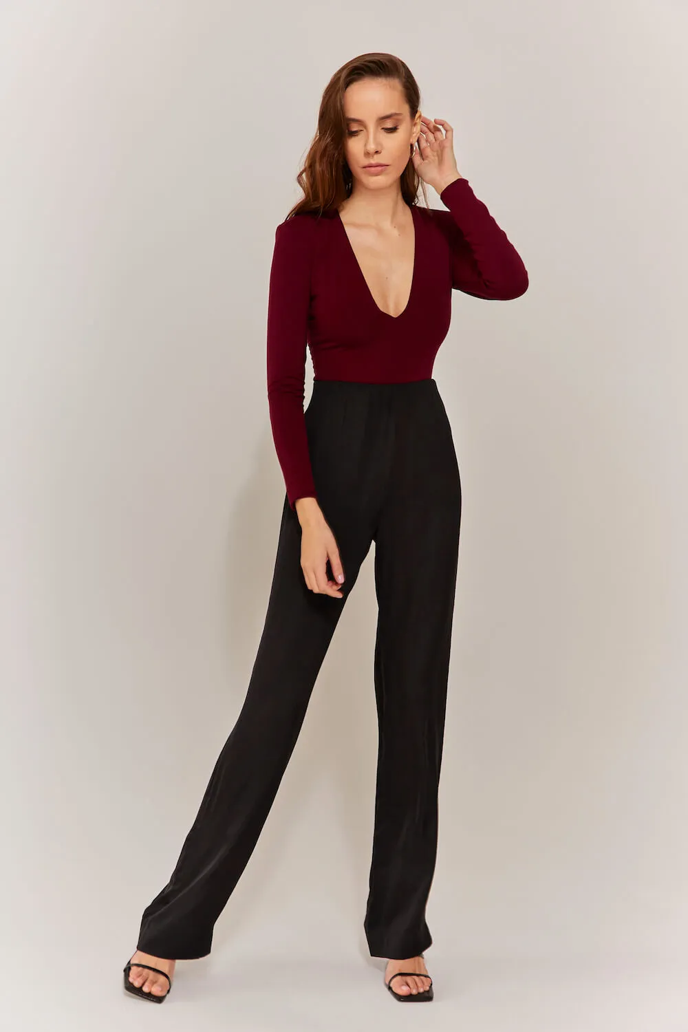 Deep V Neck Bodysuit Burgundy