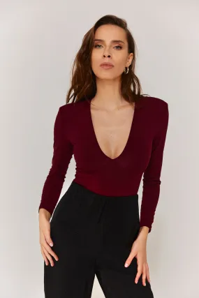 Deep V Neck Bodysuit Burgundy