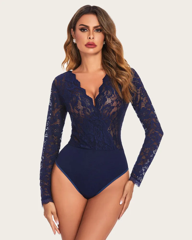 Deep V Snap Crotch Lace Bodysuit