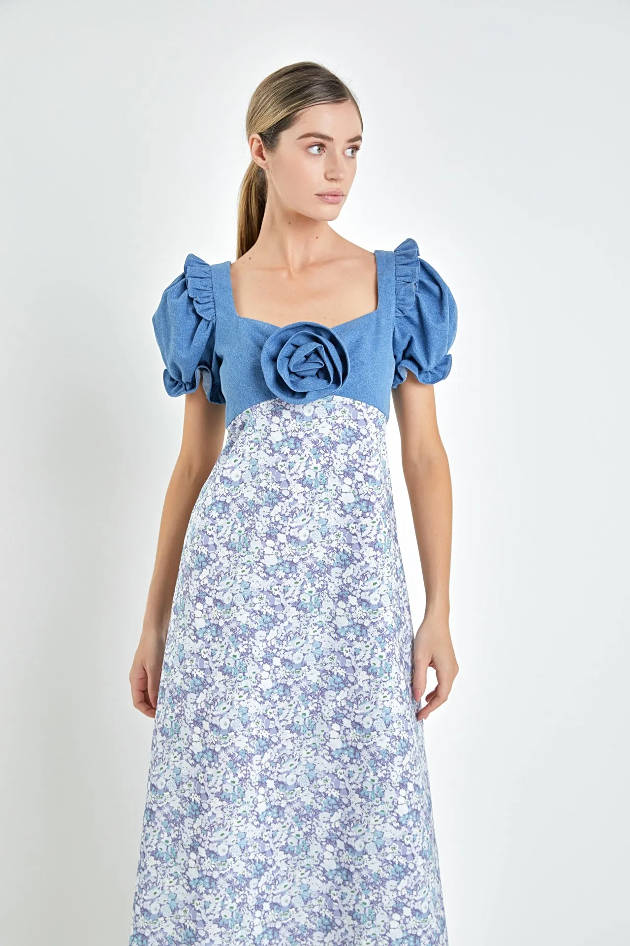 Denim Combo Floral Print Maxi Dress