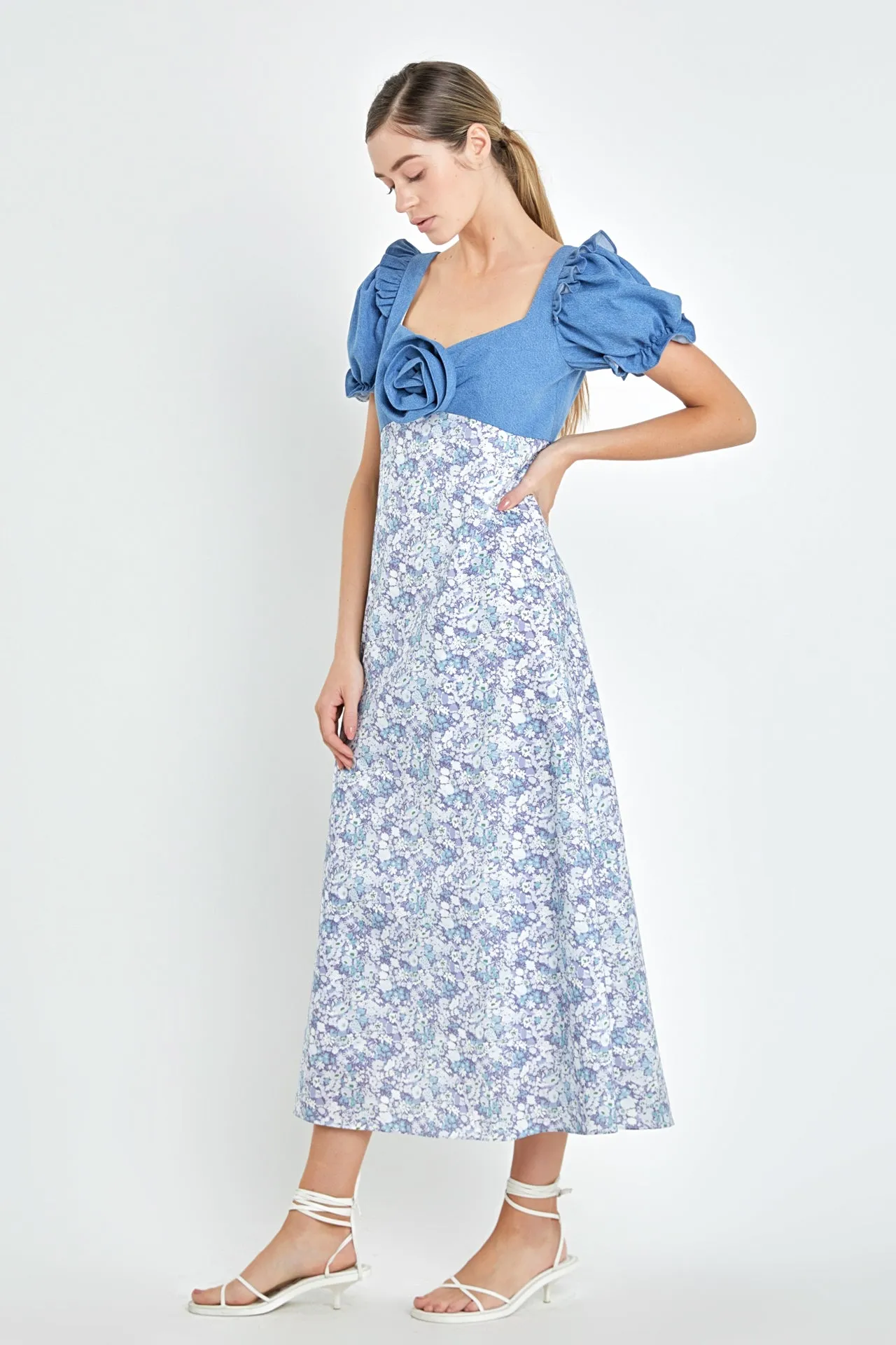 Denim Combo Floral Print Maxi Dress