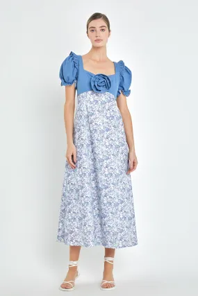 Denim Combo Floral Print Maxi Dress