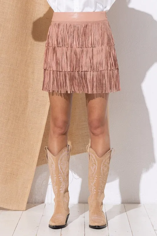 Ellis Faux Leather Studded Fringe Tiered Mini Skirt w/ Side Zipper