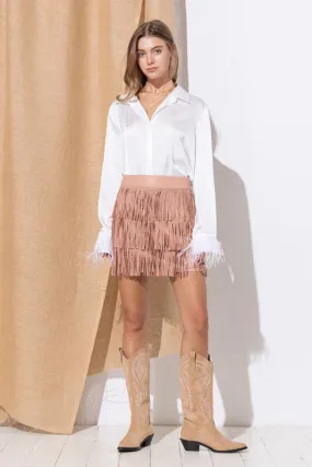 Ellis Faux Leather Studded Fringe Tiered Mini Skirt w/ Side Zipper