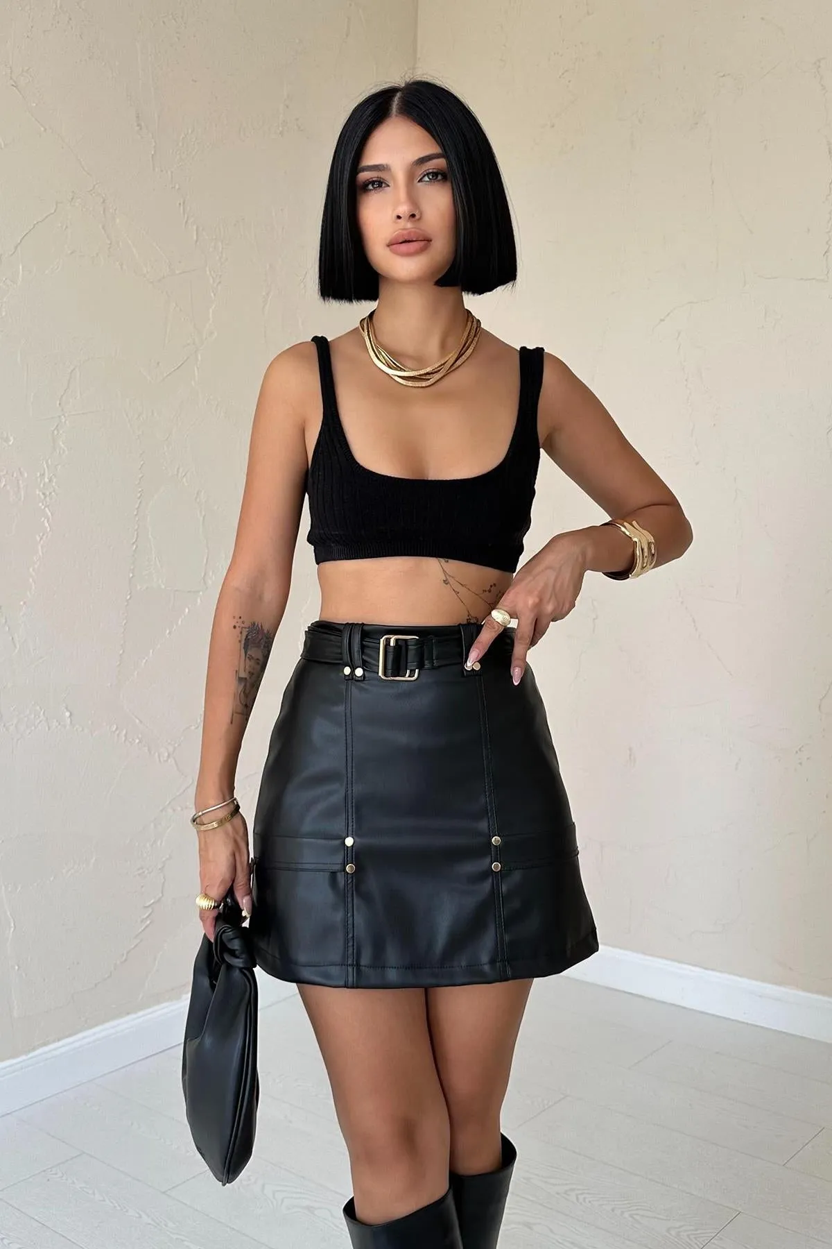 ELS Belted Mini Leather Skirt - Black - Rahovec