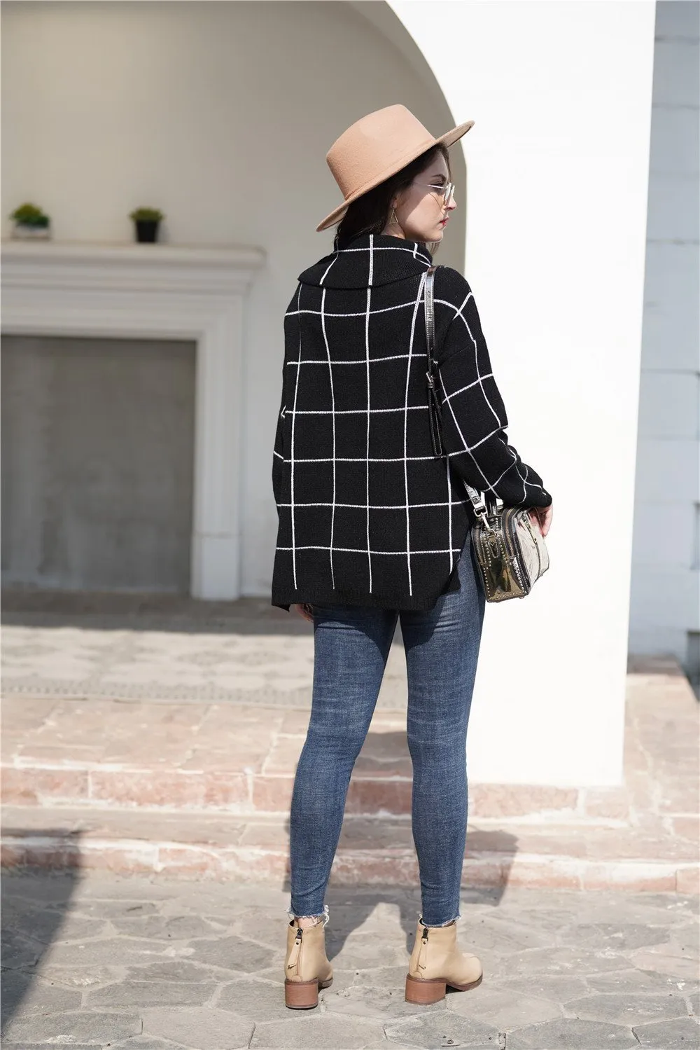 elveswallet Chic Turtleneck Loose Plaid Sweater - Red